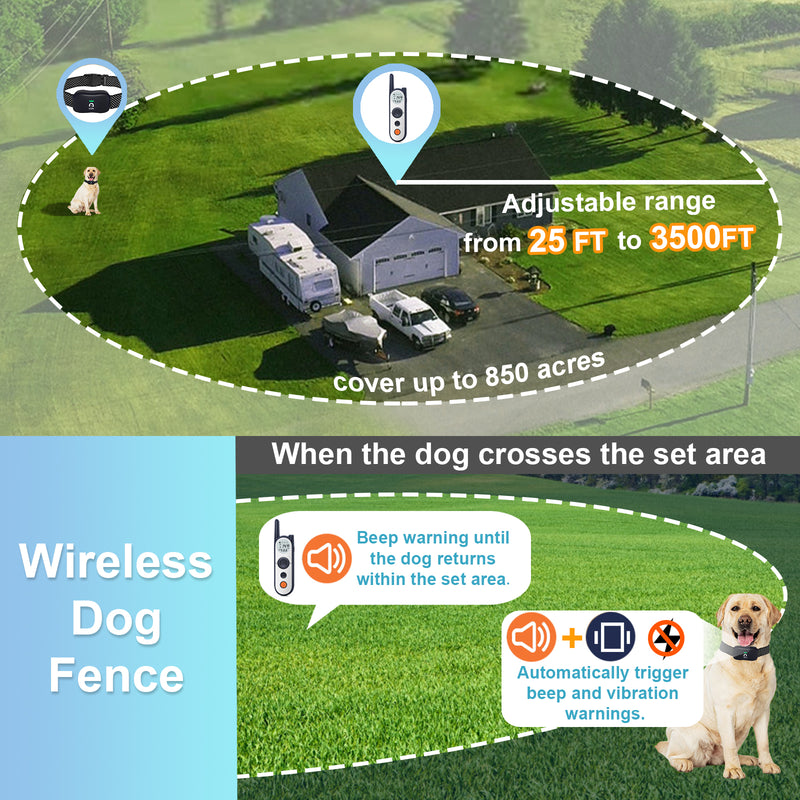 Mimofpet Wireless Dog Fence with Training Remote for 4 Dogs,185 Days Stand Time  Dog Shock Collar with 3 Training Modes,25FT to 3500FT Electric Fence，Keypad Lock,Light and Waterproof for Large Medium Small Dog（X3-4Receivers）